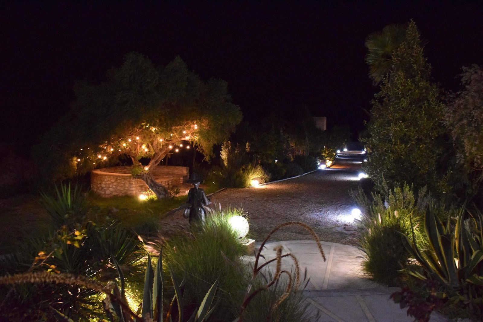 Le jardin de la villa Octagon illuminé le soir